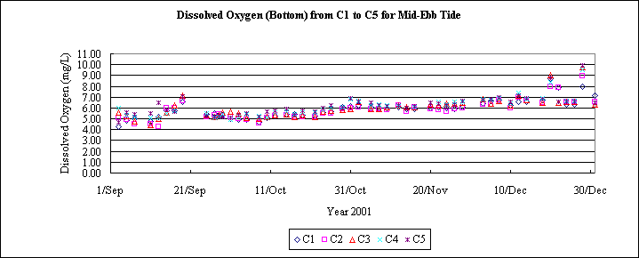 ChartObject Dissolved Oxygen (Bottom) from C1 to C5 for Mid-Ebb Tide